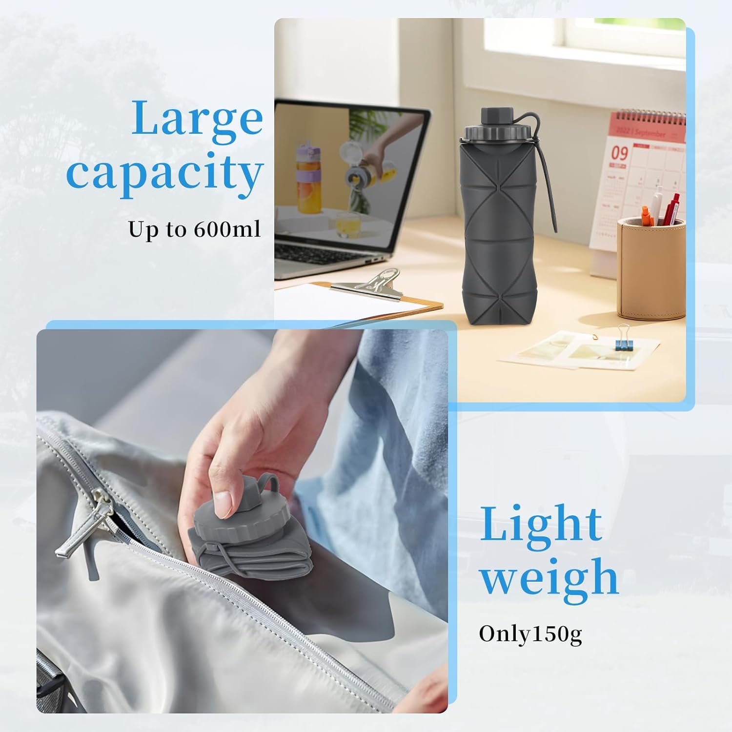 YCT Collapsible Silicone Travel Water Bottle 20oz (600ml), Reuseable Leakproof BPA Free Foldable Sports Bottle, with Carrying Strap, Green - Image 4