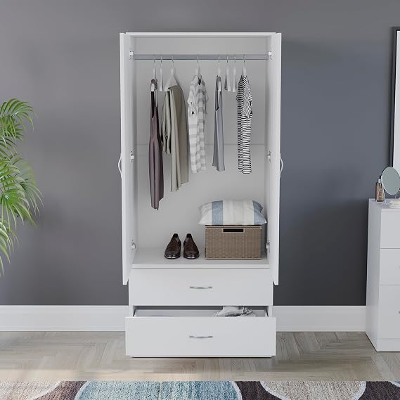 Vida Designs Riano 2 Door & 2 Drawer Wardrobe | White | Bedroom Furniture | 170H x 76W x 53D cm | with Shelf & Hanging Rail | Large Capacity Storage