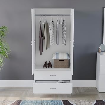 Vida Designs Riano 2 Door & 2 Drawer Wardrobe | White | Bedroom Furniture | 170H x 76W x 53D cm | with Shelf & Hanging Rail | Large Capacity Storage