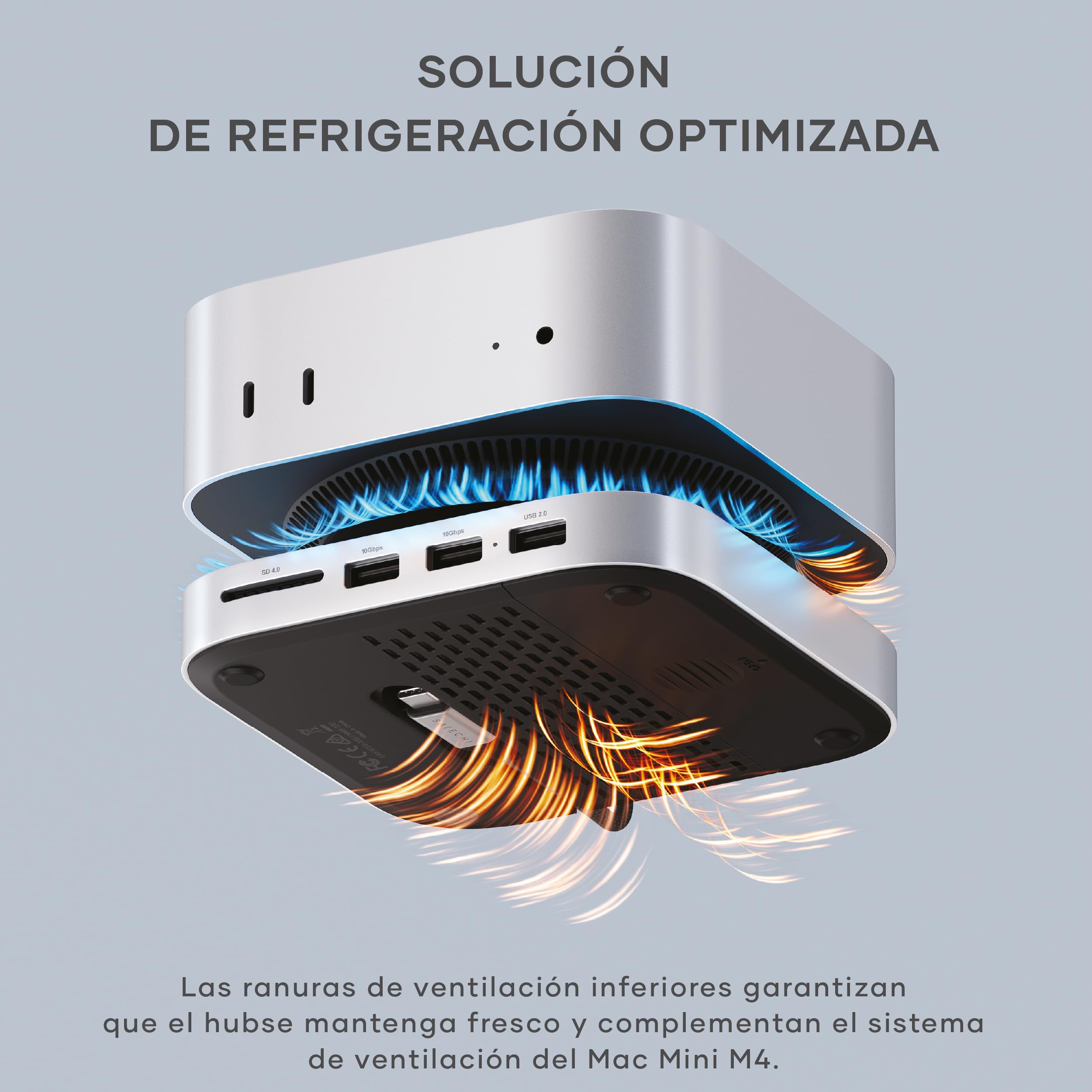 SATECHI Mac Mini M4 Hub & Soporte con Carcasa SSD NVMe 10Gbps | Para Mac Mini M4 y M4 Pro, ventilación optimizada, 2x USB-A 10Gbps, 1x a 480Mbps, lector SD, cable host USB-C incorporado
