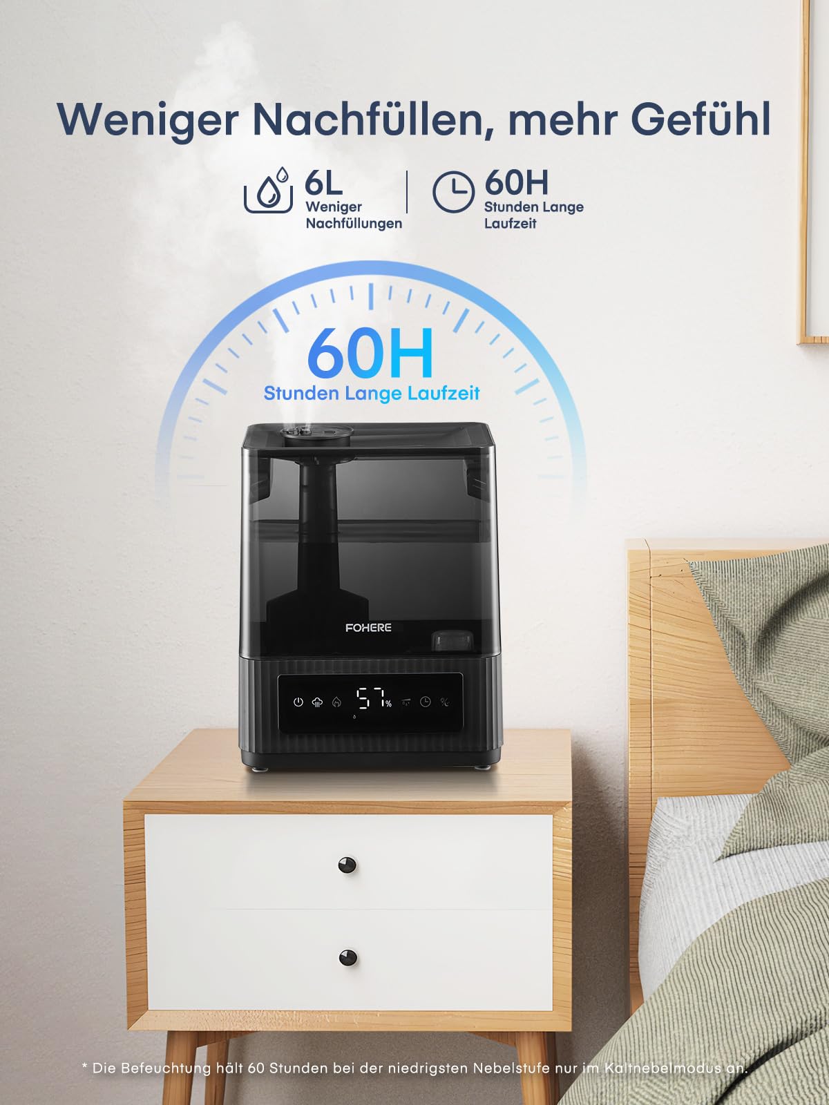 FOHERE Luftbefeuchter 6L Leiser Luftbefeuchter mit warmem und kühlem Nebel 60H Laufzeit Öldiffusor Schlafmodus 12H-Timer