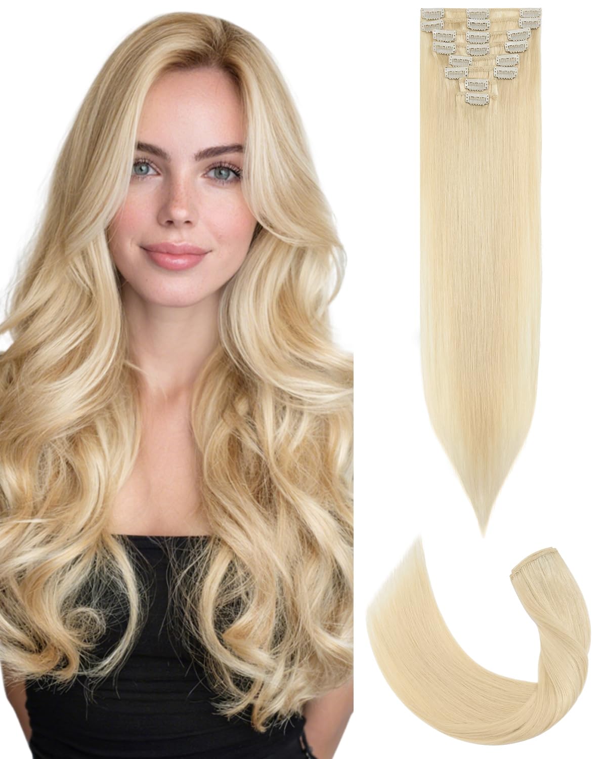 SLEEKALON Real Hair Extensions Clip in Human Hair Remy #613 Bleach Blonde - 22 Inch 75 Gram 8 Pcs Invisible Full Head Weft Straight