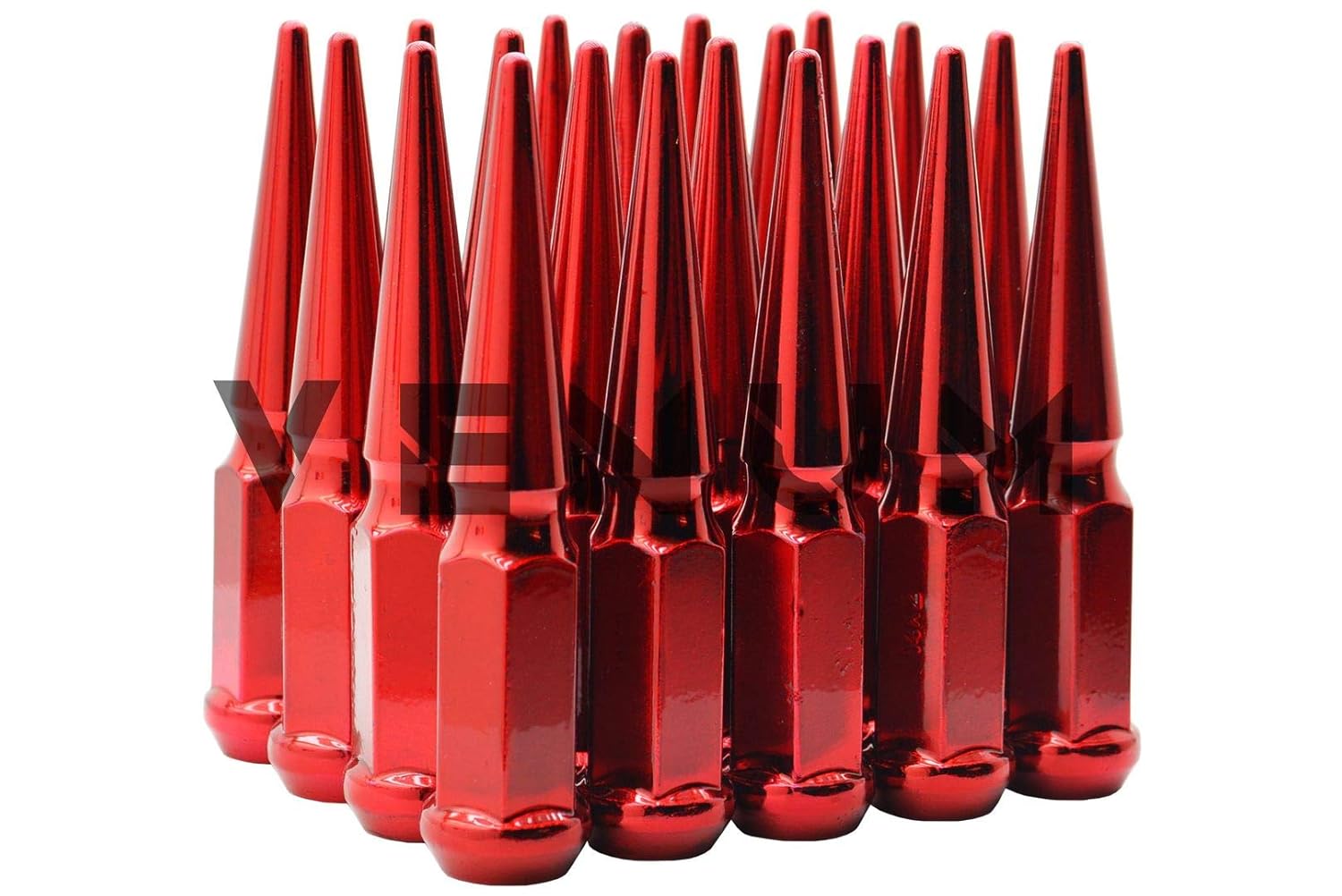 24 Blood Red Spike Steel Lug Nuts Powder Coated Custom Color 4.5 Inches Tall M14x1.5 Thread Pitch Works with Silverado Sierra All Models 6 Lug W/Aftermarket Wheels