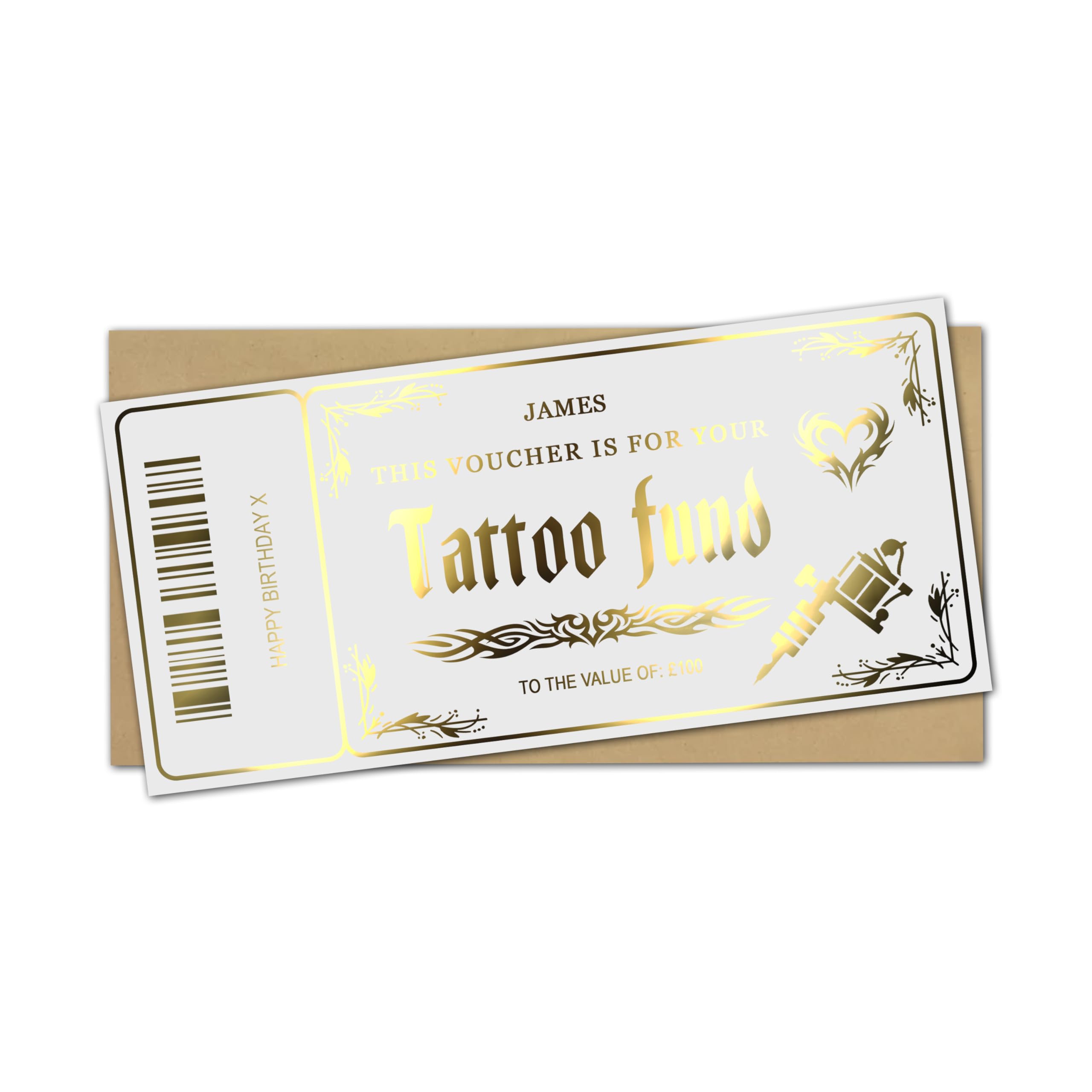 Personalised Tattoo Metallic Foil Voucher, Surprise Reveal Custom Gift Ticket