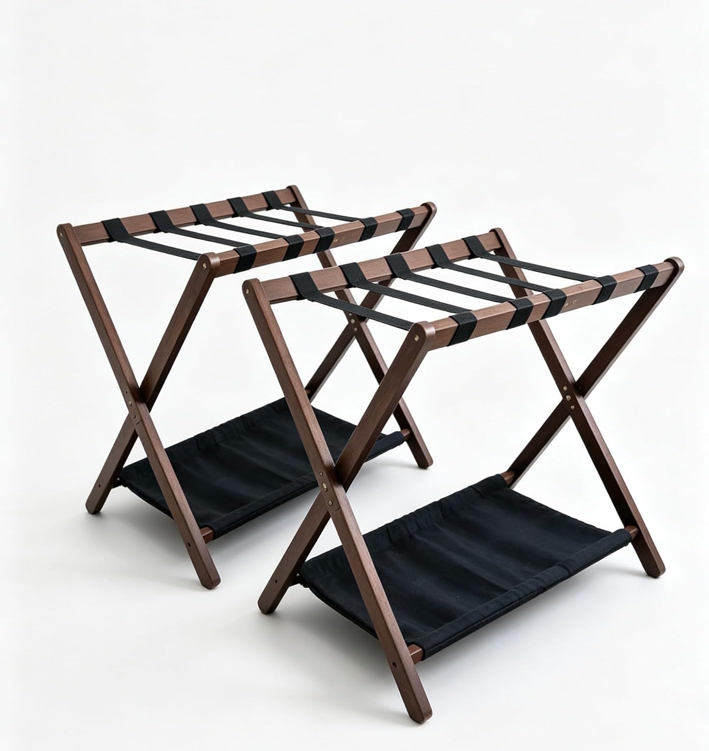 Walnut Luggage Racks Set of 2 ,Double-Layer Storage Shelf，Bamboo ，Foldable，with 5 Nylon Straps, 26.18" L for Bedroom/Guest Room/Hotel (Walnut -2pack)