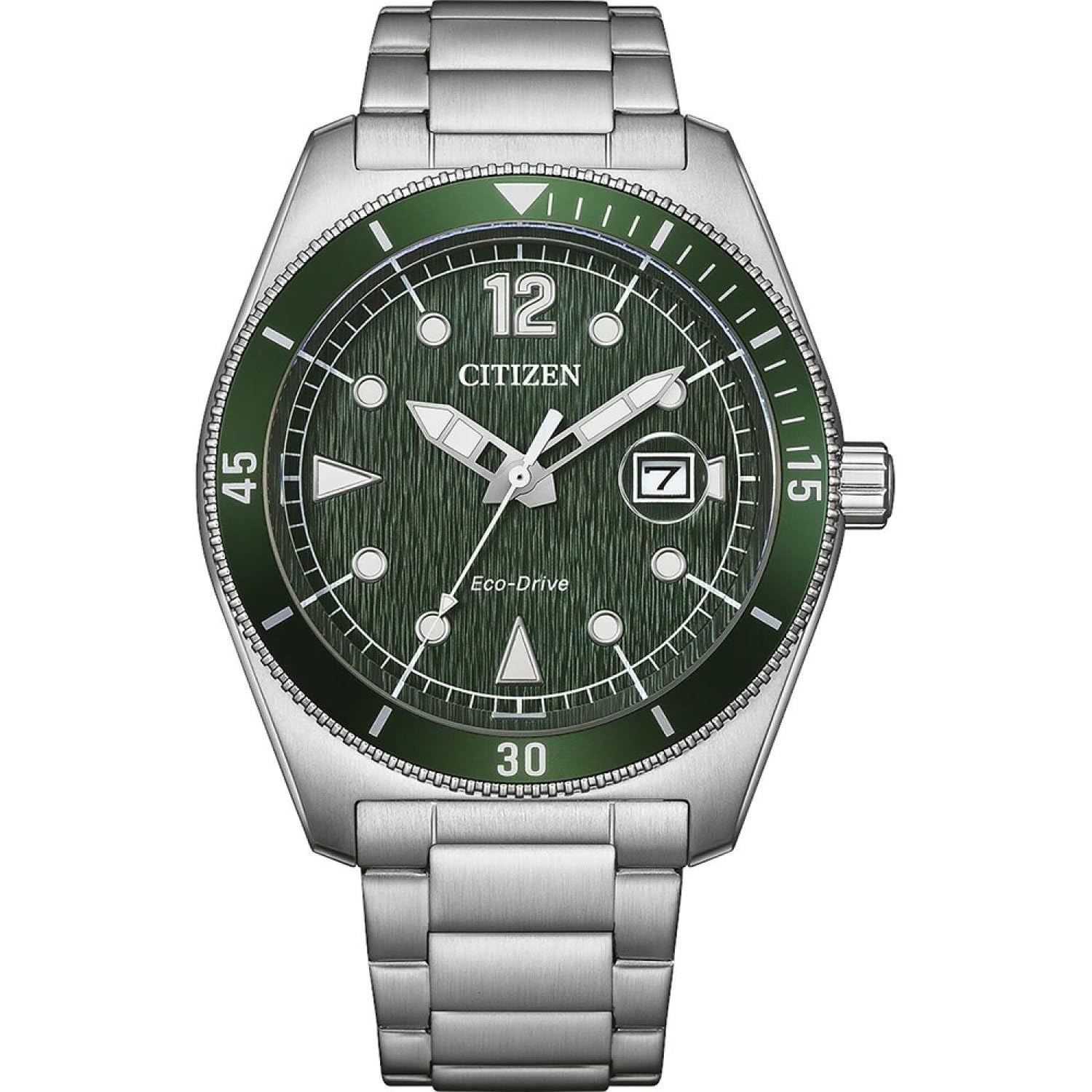 Citizen Eco-Drive Herrenuhr Edelstahl, Grün, 43 mm, AW1880-55X | Analog Quartz | Kristallglas | 10 bar Wasserdicht | 240 Tage Gangreserve | Datum | Edelstahlband