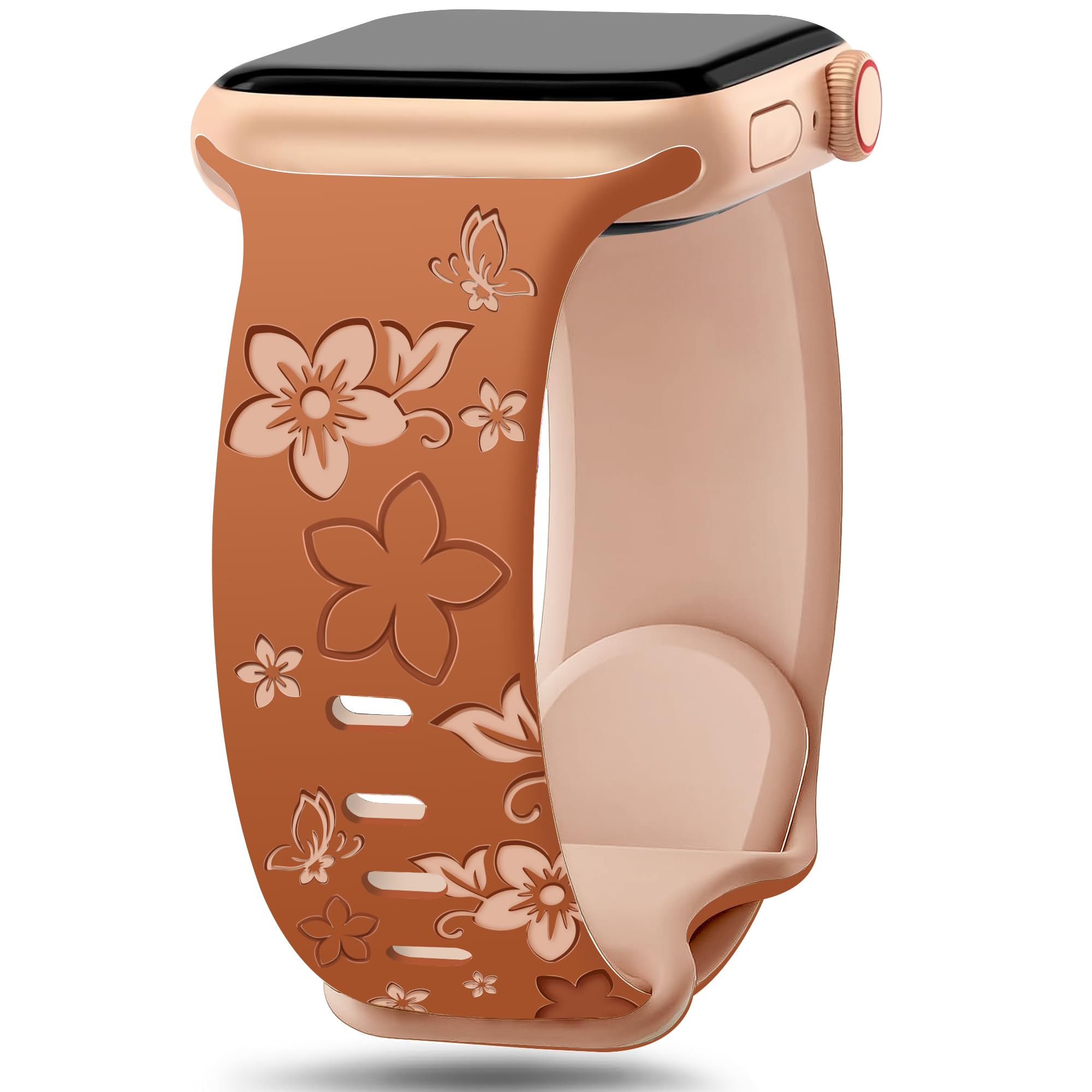 Newlibery Floral Engraved Band Women Compatible with Apple Watch Band 38mm 40mm 41mm 42mm(S10) Cute Two-Tone Flower Soft Silicone Sport Strap for