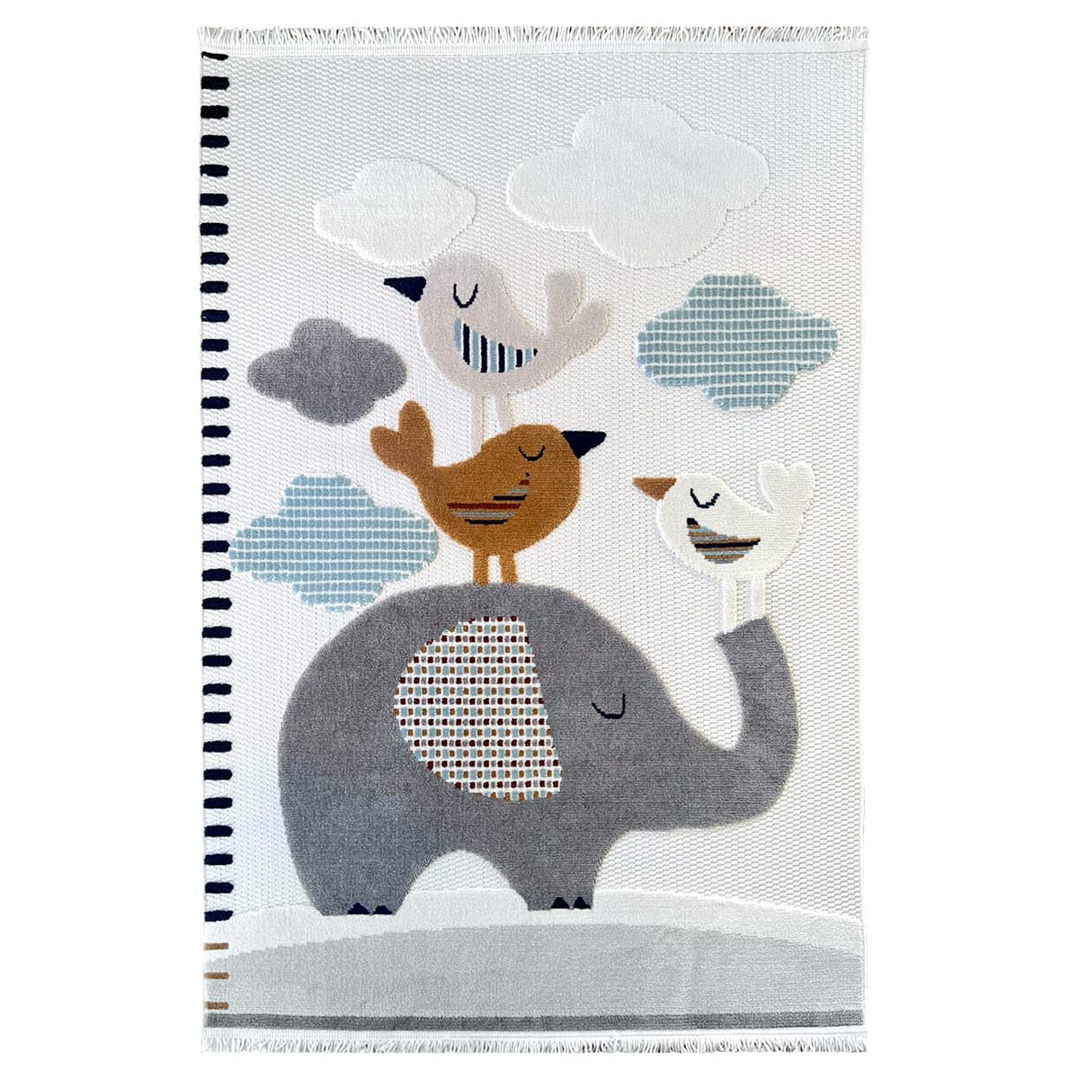 Alfombra Infantil Redonda Habitación Niña Niño Dormitorio Animales Elefante Nubes Estrellas Arcoiris 160cm Gris Marrón Ocre Azul