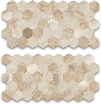 12 Sheets Peel and Stick Backsplash Tile, Hexagon Beige Stone Rock Mixed Brushed Metal Stick on Backsplash, Honeycomb Self Adhesive Mosaic Wall Tiles for Kitchen Bathroom 11.3" x 5.7"