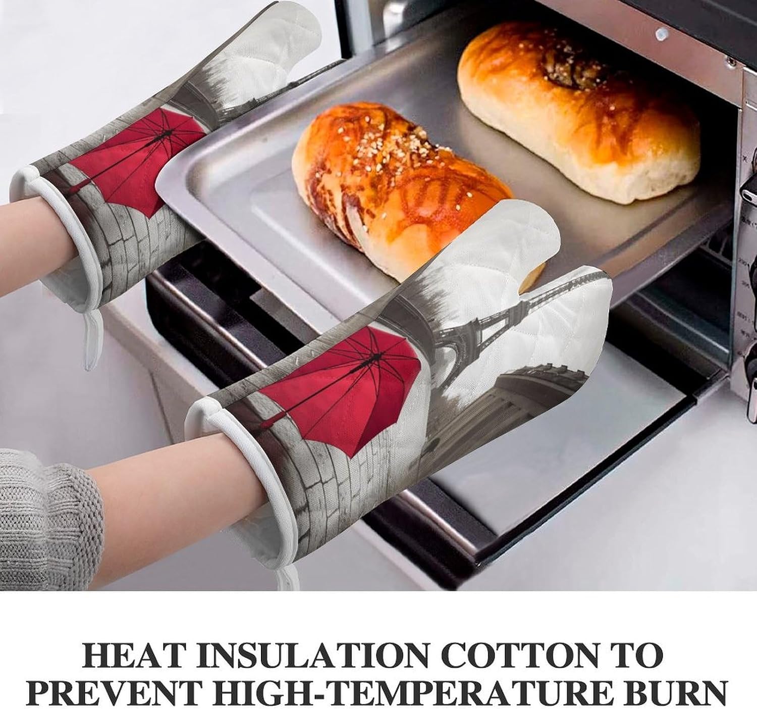 2 Pcs Oven Mitts Heat Resistant Kitchen Gloves Soft Safety Eiffel Tower Paris Street Red Umbrella Oven Glove for Microwave, Barbecue