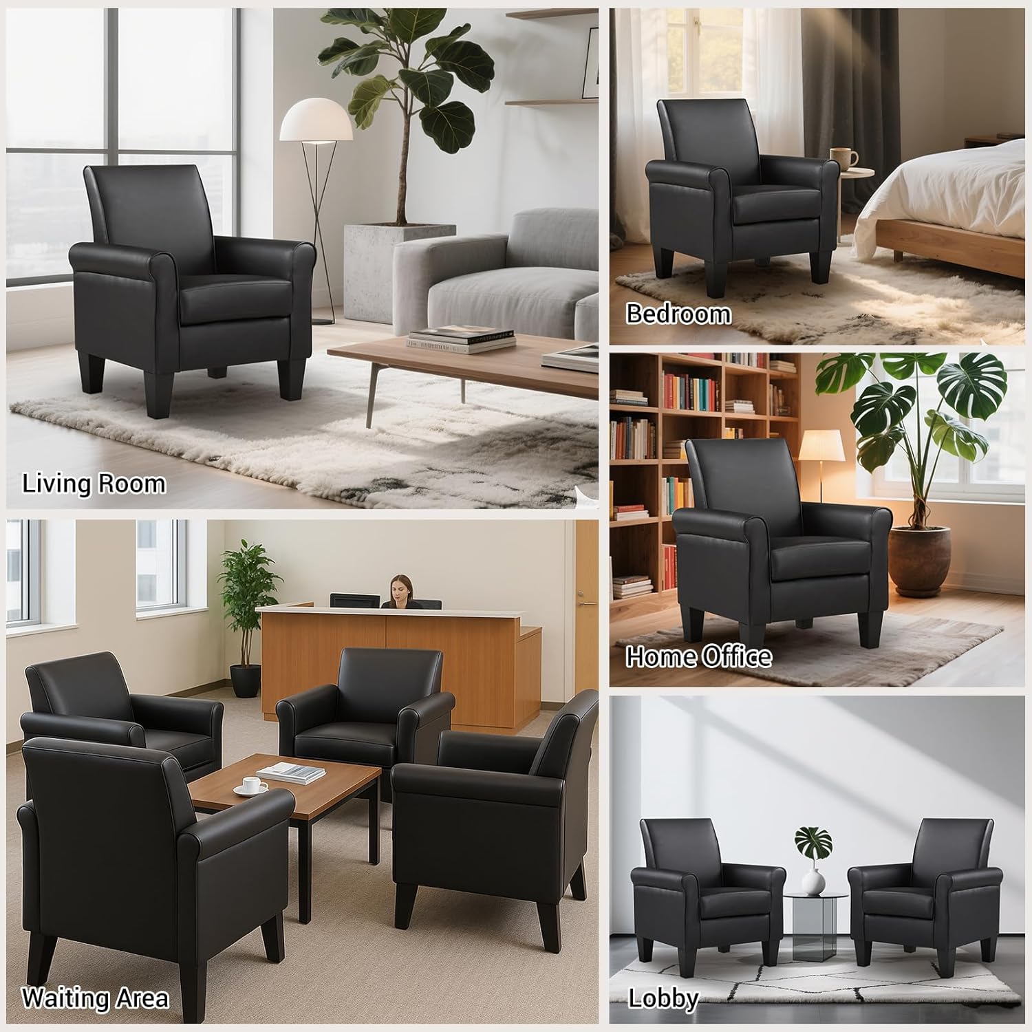 Lohoms Faux Leather Accent Chair Set of 2, Mid Century Modern Living Room Chair, Upholstered Comfortable PU Leather Armchair for Bedroom, Office or Waiting Areas-Black