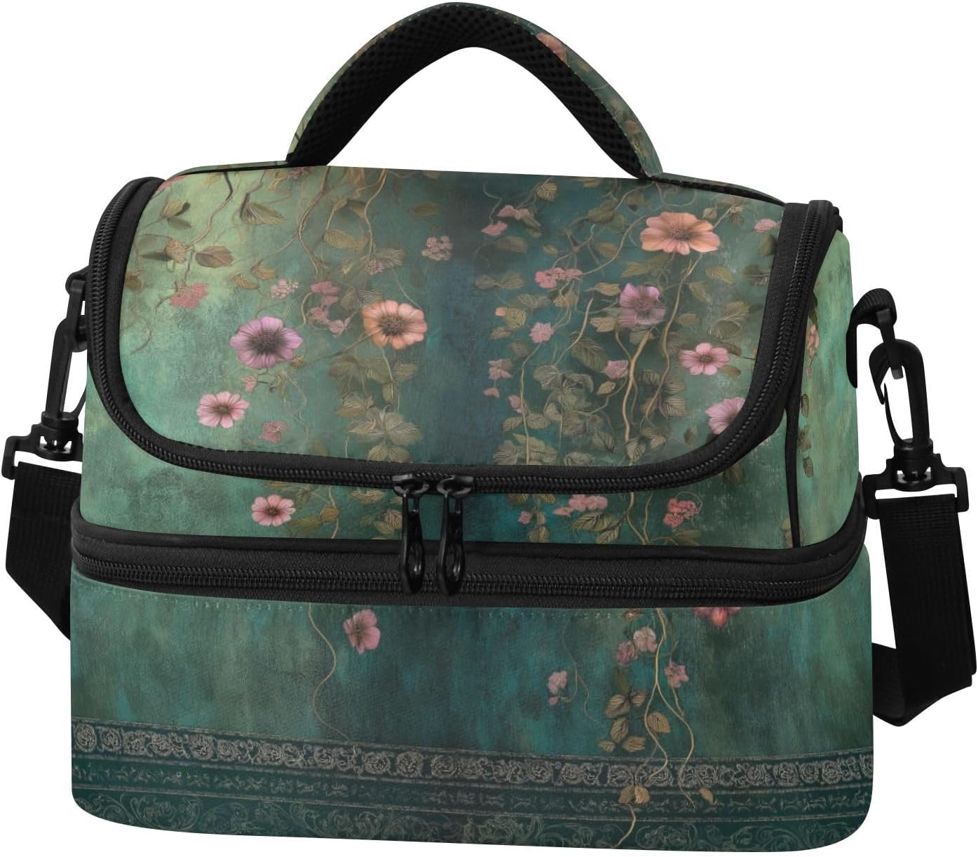 Double Layer Insulated Lunch Bag, 2 Compartment Lunch Box for Women Men, Reusable Lunch Cooler Bag with Detachable Strap, Leakproof, Sturdy Square Structure, Lunch Tote for Work Picnic，Vintage Flowers