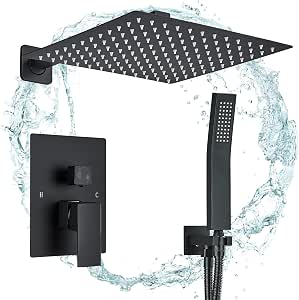 FSCEPIXI Duscharmatur-Set Mit 2 Griffen – Quadratischer Regenduschkopf & Handbrause, Mattschwarz, Wandmontage
