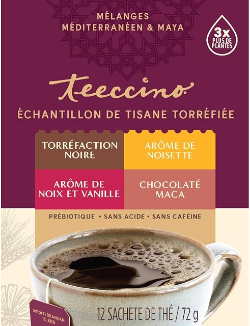 Teeccino Herbal Tea Sampler Assortment - Maca Chocolaté, French Roast, Hazelnut, Vanilla Nut - Roasted Caffeine Free Herbal Tea, Prebiotic for Natural Energy, 12 Tea Bags