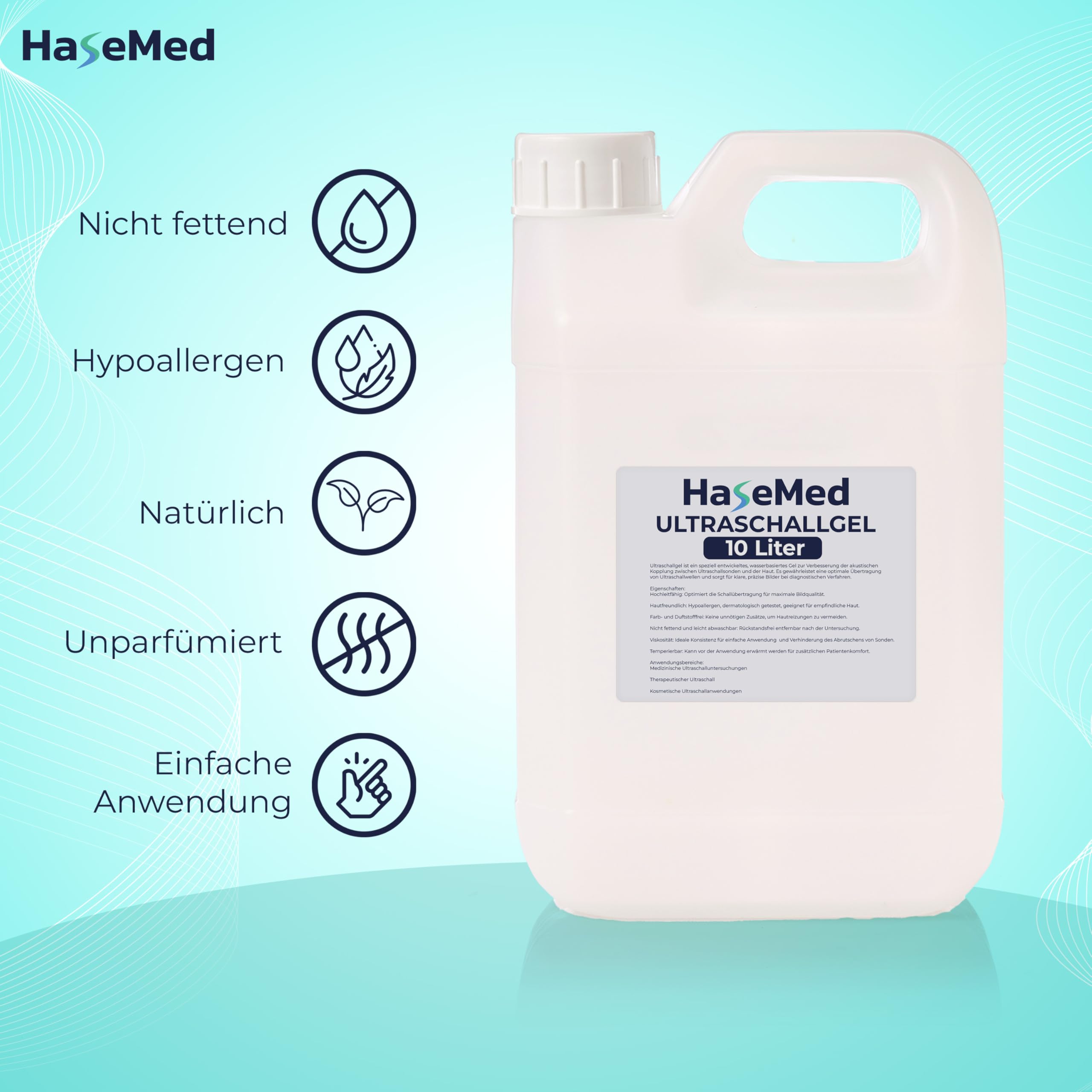 HaseMed - Gel ultrasónico de 10 l (2 unidades) – pH neutro, respetuoso con la piel y biocompatible para una óptima transmisión ultrasónica, ideal para exámenes de ultrasonidos en la práctica y la vida