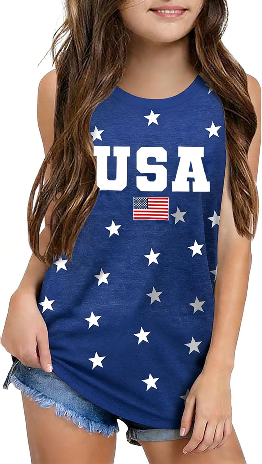 Girls 4th of July Tank Top USA Stars Sleeveless Patriotic Shirt Lightweight Breathable Summer Tee