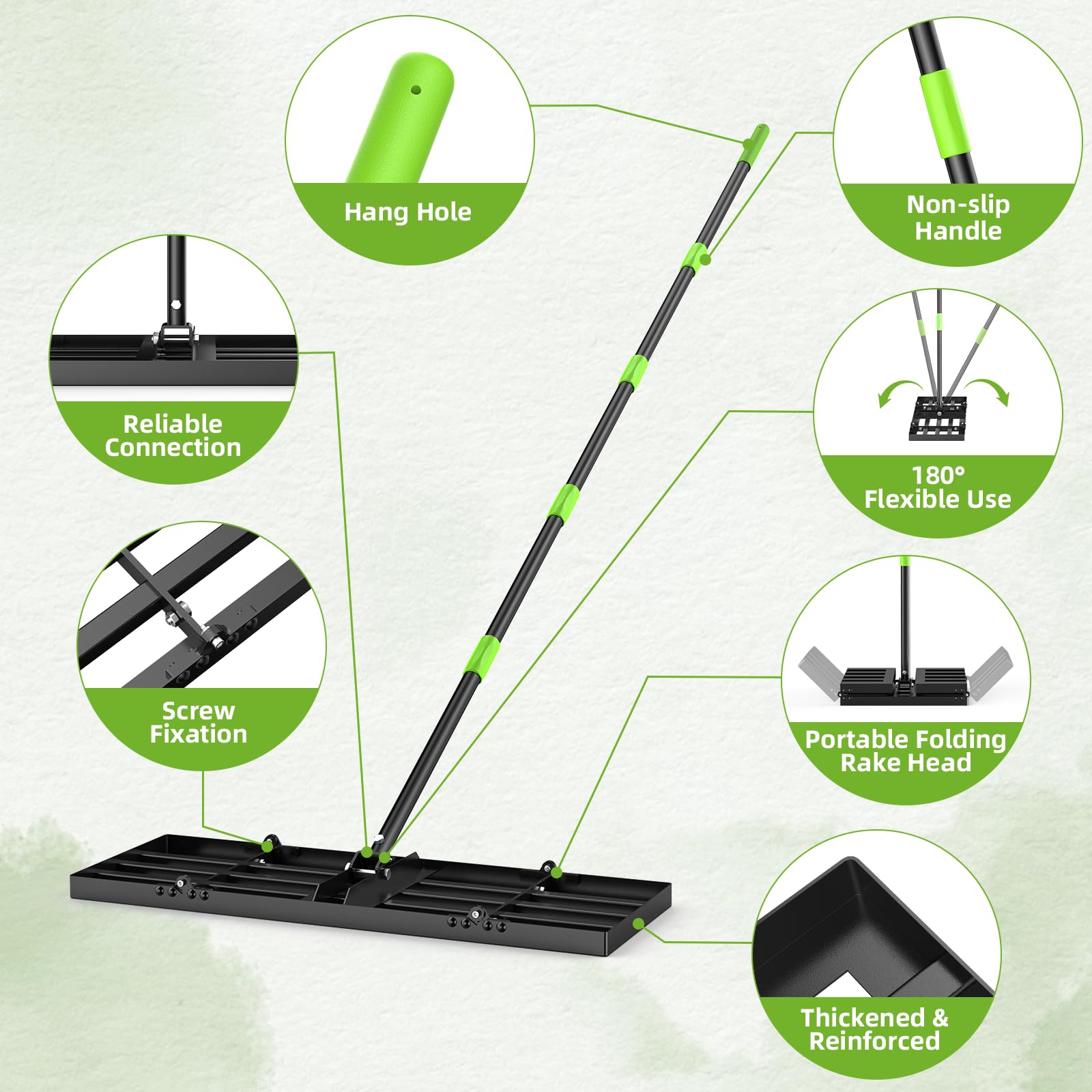 GARDTECH Rasenrakel 75x25 cm | Nivellierrechen aus Edelstahl mit Anti-Kipp-Design | 195 cm Verstellbarer Stiel für Rasen, Erde, Sand, Topdressing | Rasenrechen für Garten, Golfplatz