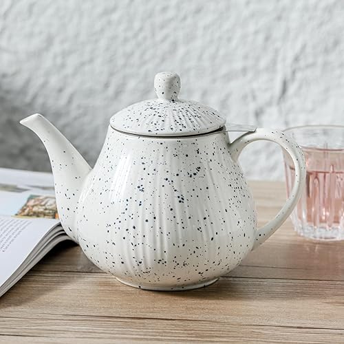 Miniatura 15 de Tetera de cerámica con infusor, tetera de 40 onzas con infusor para té suelto, lo suficientemente grande para 6 tazas, serie a rayas (limón)