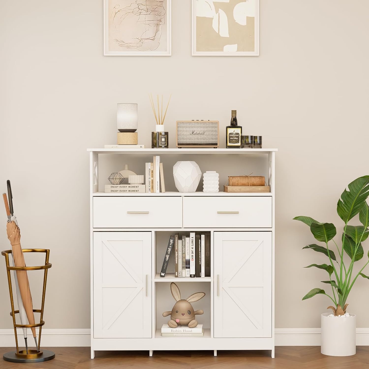 Storage Cabinet Coffee Bar Cabinet with 2 Adjustable Shelves 2 Drawers and 2 Doors for Bathroom/Kitchen/Living Room (White)