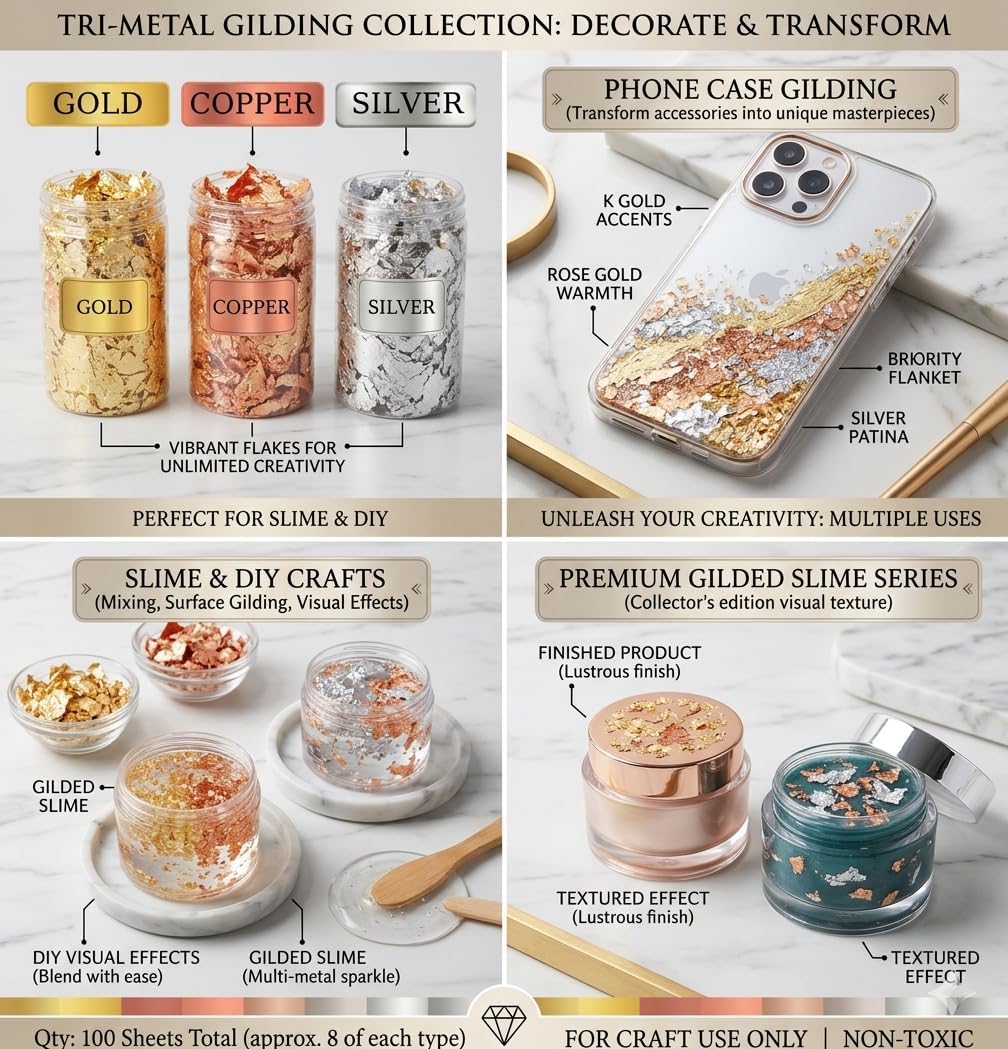 Metallic Foil Flakes Kit, 3-Color Variety Pack (Gold, Silver, Copper) with Gilding Adhesive and Varnish, Imitation Leaf for Resin Art, Painting, Crafts, Sealer and Tools Included