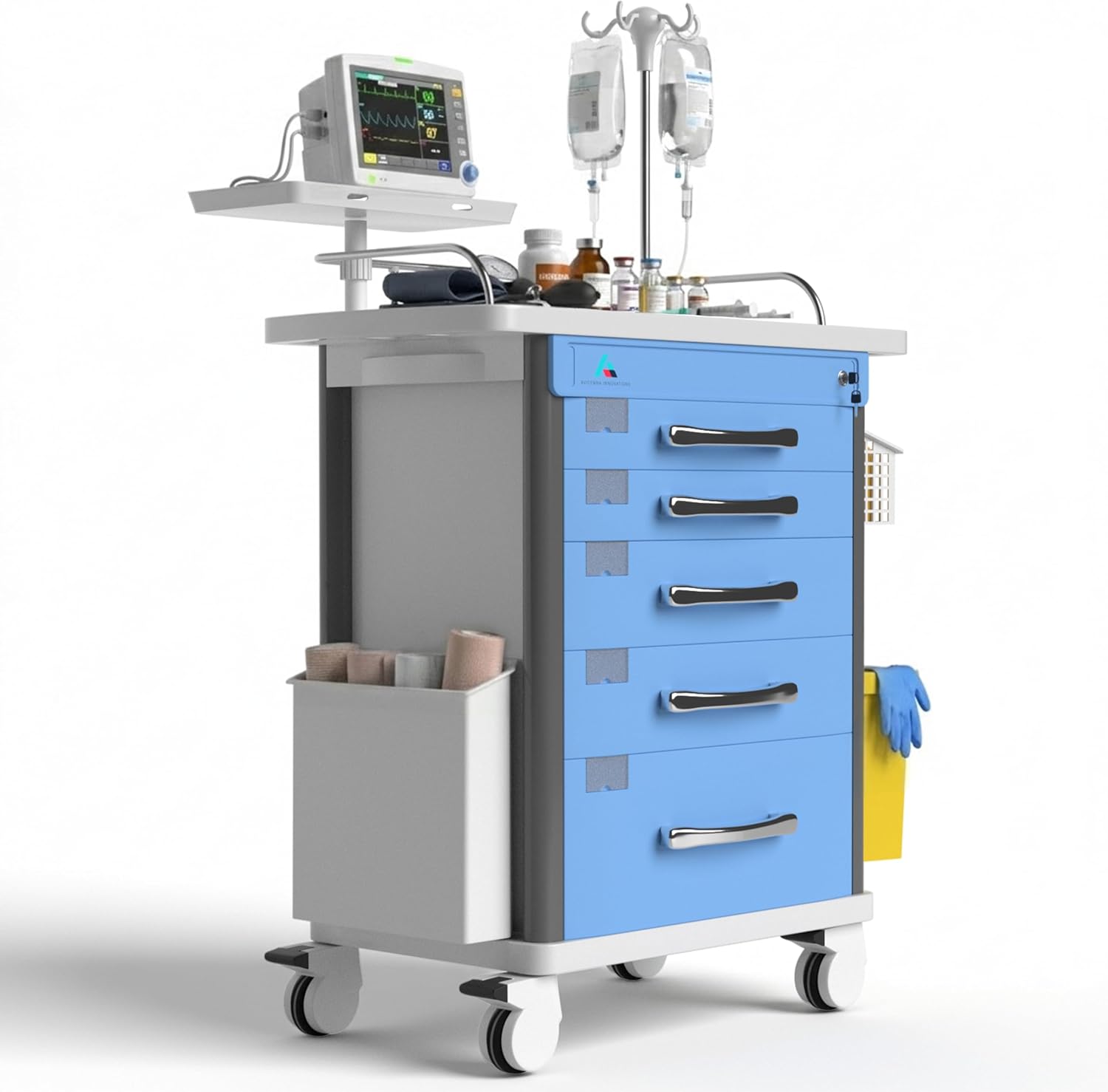 Medical Crash Cart | Emergency Rolling Trolley with 5 Locking Drawers | Hospital Procedure & Lab Utility Cart w/IV Pole, CPR Board, Defib Shelf & Power Strip | Mobile Workstation for Dental & Clinic