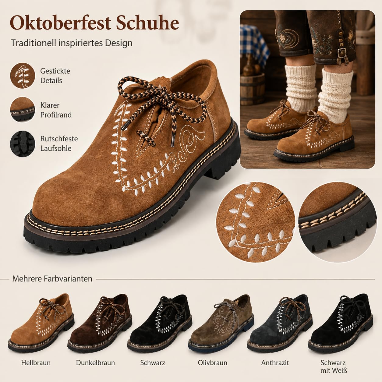 Trachtenschuhe Herren 2026 Stickerei Flock Leder Haferlschuhe Passform Traditionelles Design für Volksfest Trachten Festlichkeiten Bequem Lederschuhe Ledersohle Schnürschuhe Tanzschuhe