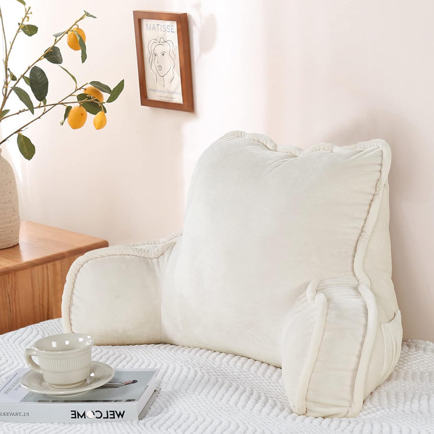 DIY Assembly Super Soft Velvety Backrest Reading Bed Rest Pillow with Arms & Pockets, 18" H for Sitting in Bed Couch Sofa, Back Support Cushion with Removable Cover, 20"x18"x17", Ivory