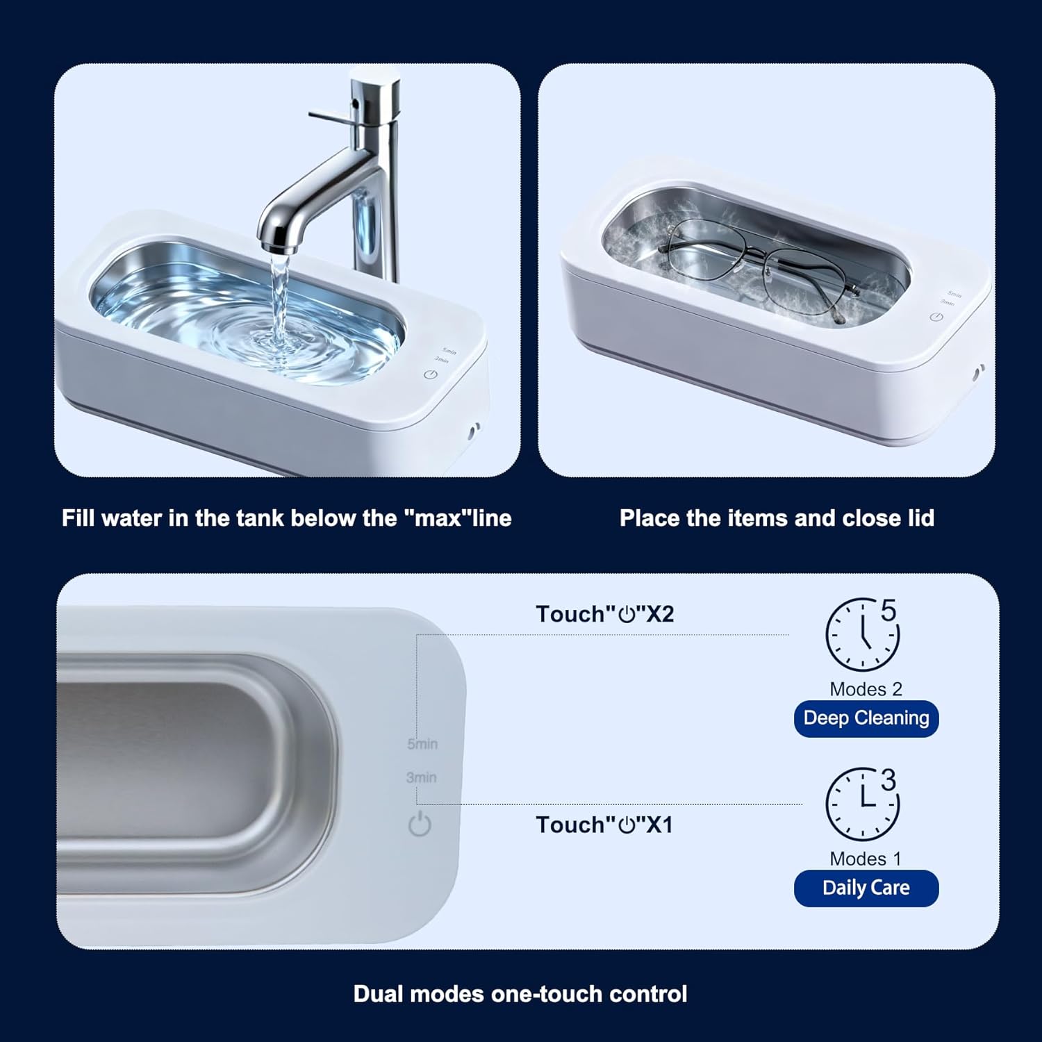 Multifunctional Ultrasonic Jewelry Glass Cleaner - One-Touch Operation Eye Glasses Cleaner 3min/5min Dual Mode Cleaning Tools 350ml 304 Stainless Steel Tank Ring Cleaner(Batteries Not Included)