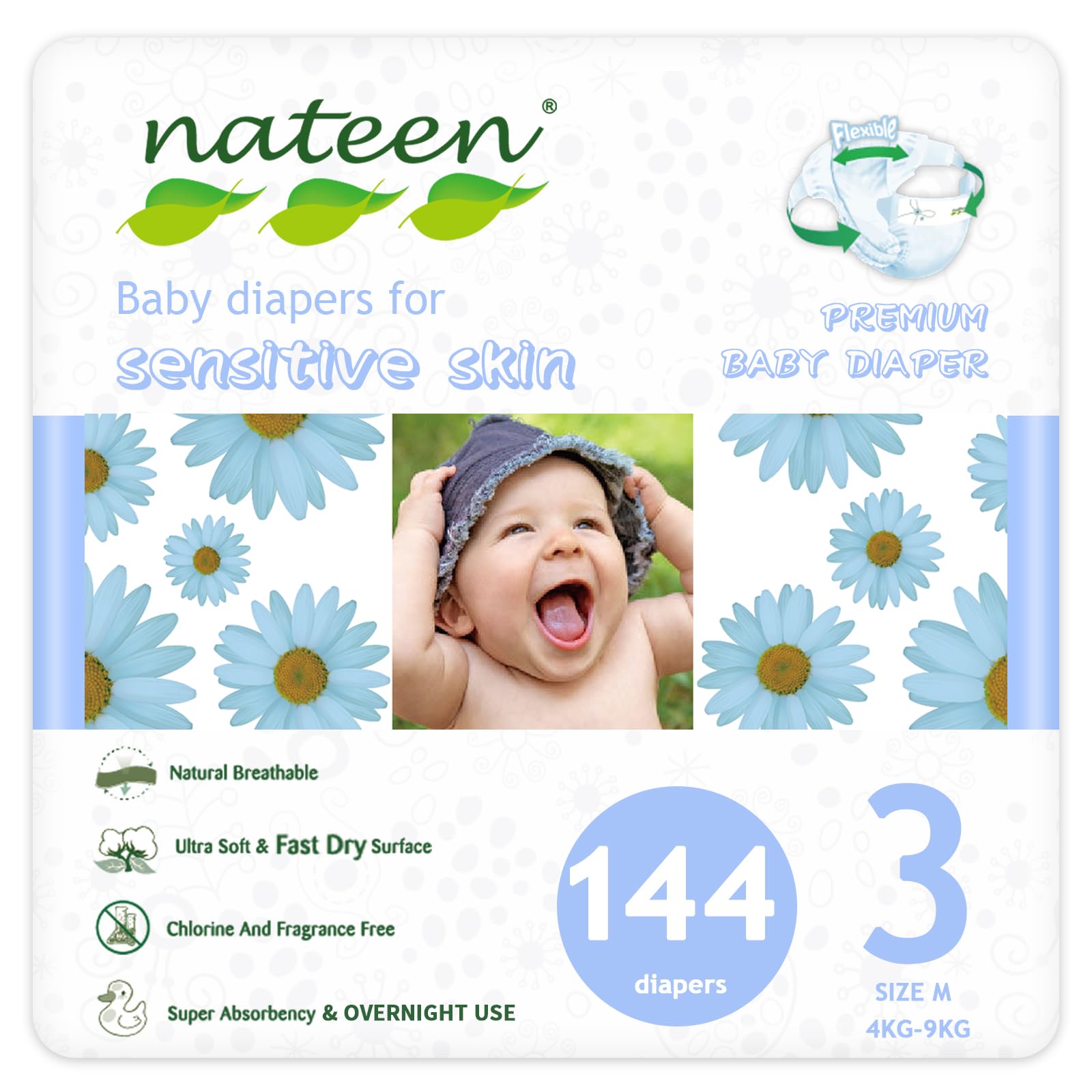 Nateen Premium Baby Diapers, Overnight Use Disposable Diapers for Sensitive Skin, Ultra Thin Diapers with Comfortable Fit. (Size 3 (Medium), 144, Count), White