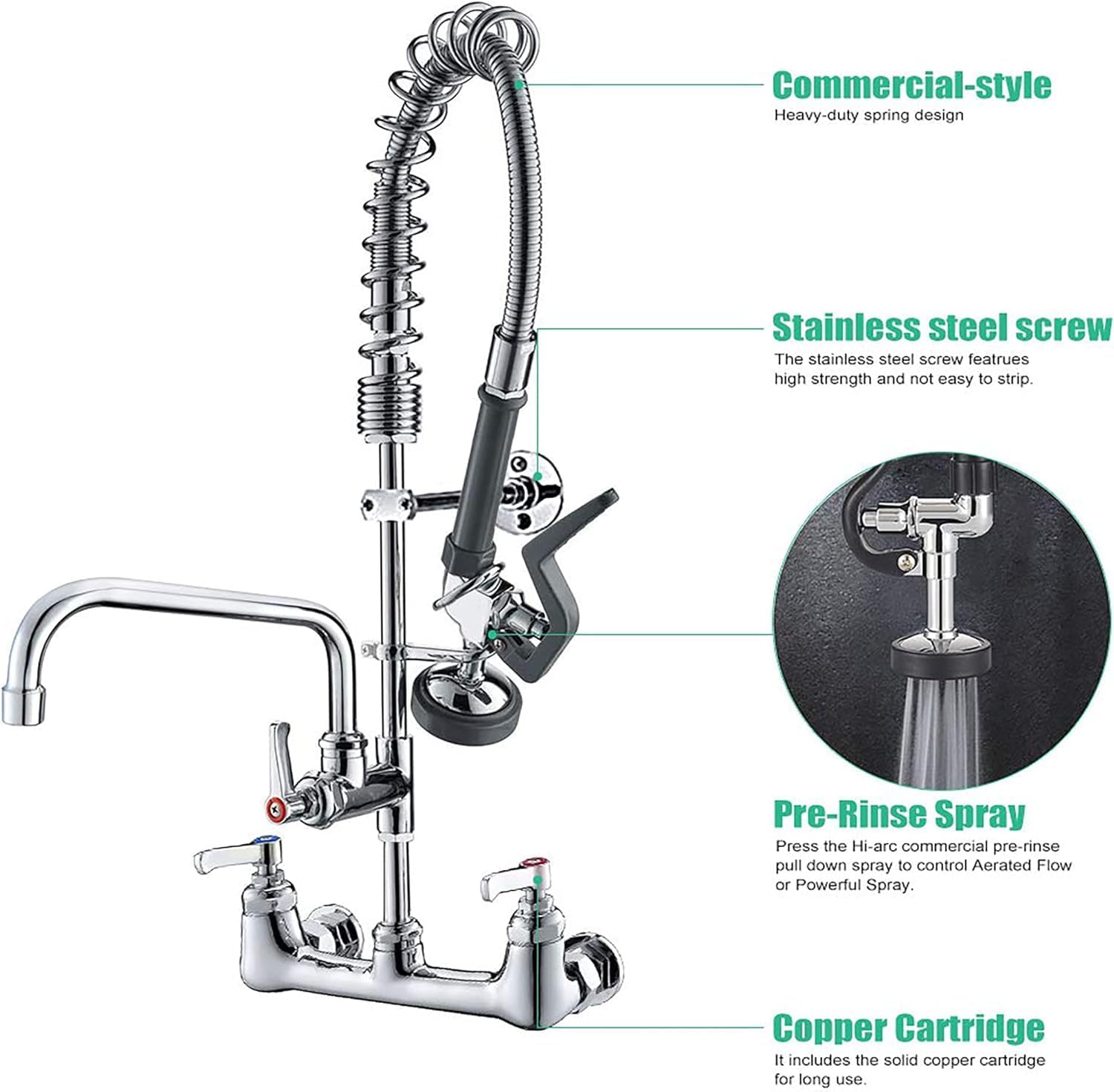 Commercial Wall Mount Kitchen Sink Faucet Brass Constructed Polished Chrome Pre-Rinse Device 25" Height 8" Center with Spring Pull Down Sprayer and 12" Add-on Spout (25 inches) - Image 3
