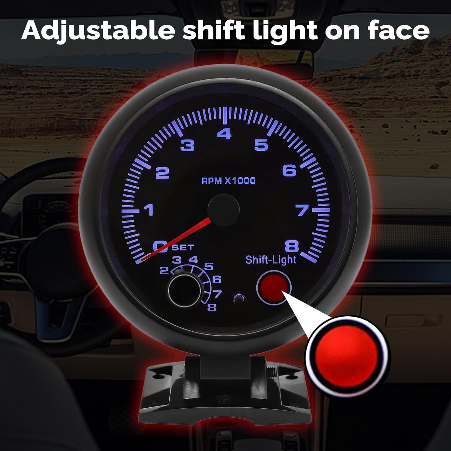 Shkalacar Autogage 3.75'' Universal Black Tachometer Gauge with Blue Shift Light, 0-8000 RPM