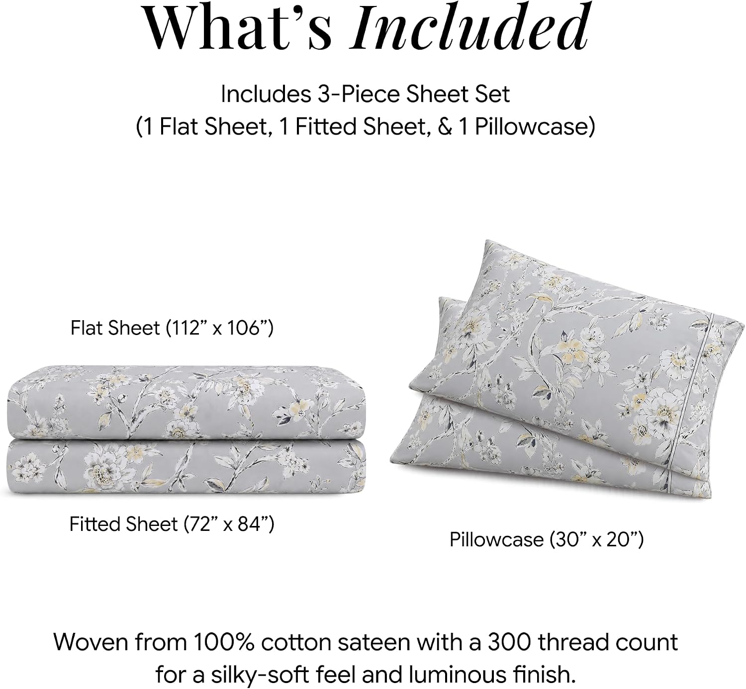 Tribeca Living Deep Pocket Cal King Size Sheet Set - 300 Thread Count Cotton Sateen Sheets with 22-Inch Extra Deep Pockets, Oeko-Tex Certified, 4 Bedding Set in Colmar Silver Grey/Multi Print