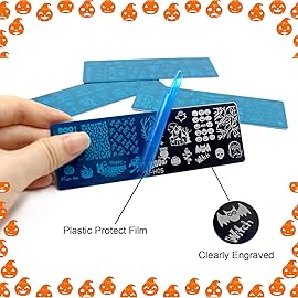 Nail Stamper Halloween Stamping Plate Kit, Dual-end Silicone French Nail Art Stamper Scraper 4Pcs Halloween Art Stencils Printing Template, Horror Ghost Skull Pumpkin Witch Nail DIY Design Home Salon