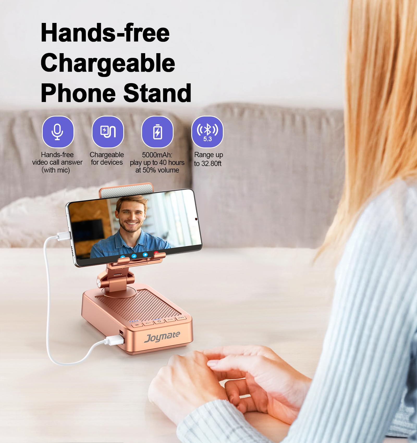 Supporto per telefono cellulare con funzione di ricarica, girevole a 360°, regolabile, con suono surround HD, per scrivania, adatto a tutti i telefoni e tablet (oro rosa)