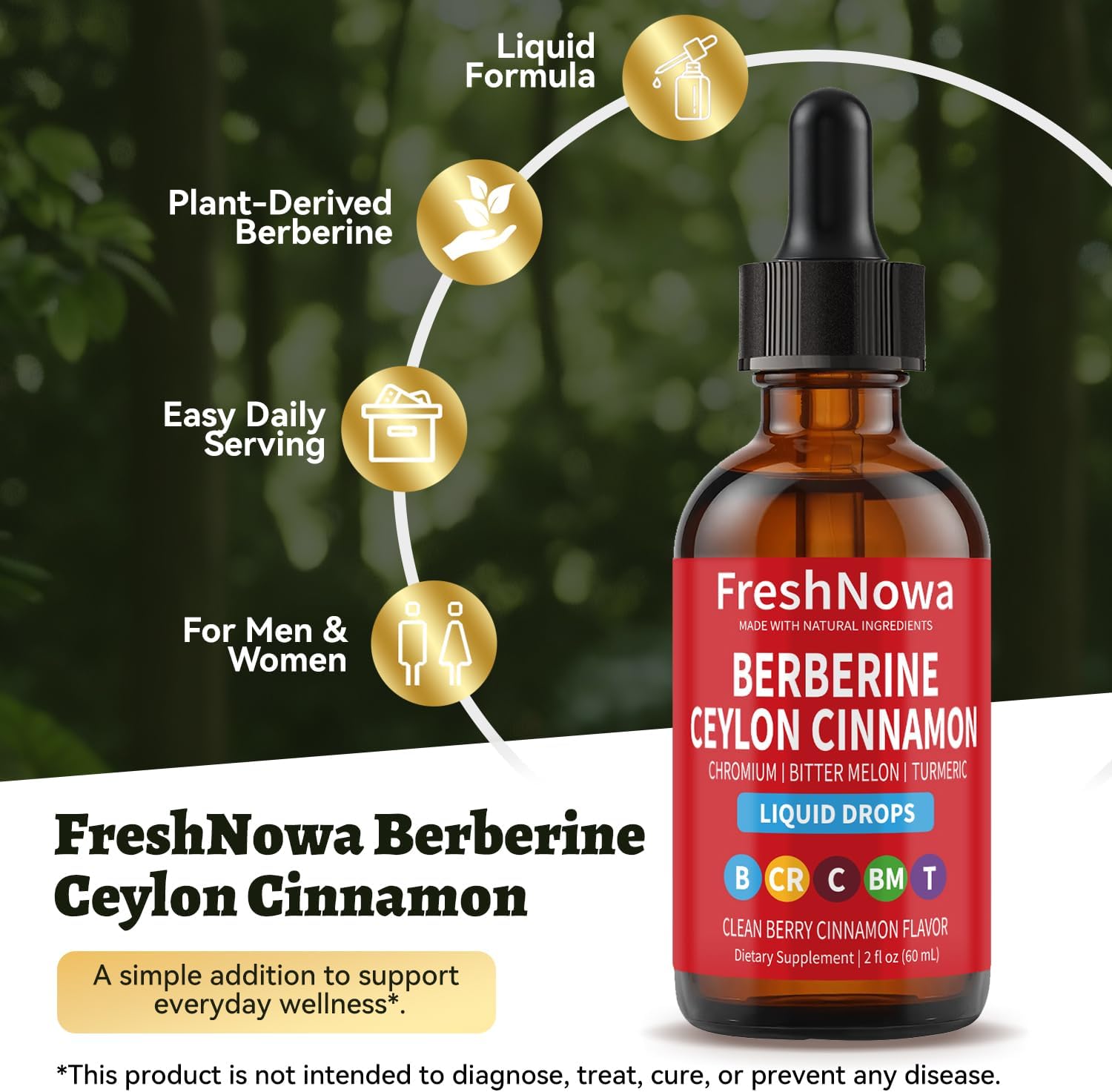 Berberine Ceylon Cinnamon Liquid Drops, Herbal Supplement with Bitter Melon Extract, Glucomannan, Gymnema, Chromium, Turmeric, Panax Ginseng, Moringa, Clean Berry Cinnamon Flavor, 2 fl oz