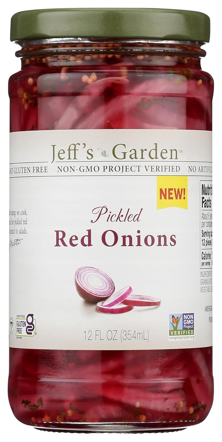 Jeff's Garden Pickled Red Onions, 12 oz Jar - Tangy Crunchy Topping for Salads, Burgers, Tacos
