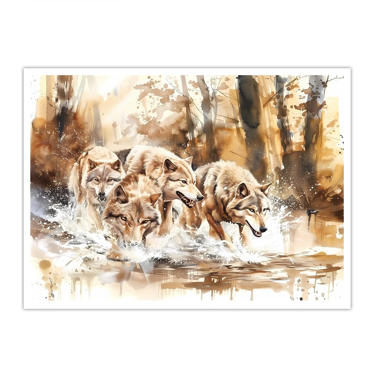 OSHIONARTE Wildlife Wolf Wall Art Picture Canvas Decor Wolf Pack in the Jungle Posters Watercolor Wildlife Artwork Painting for Home Walls Office 45x60cm Frameless