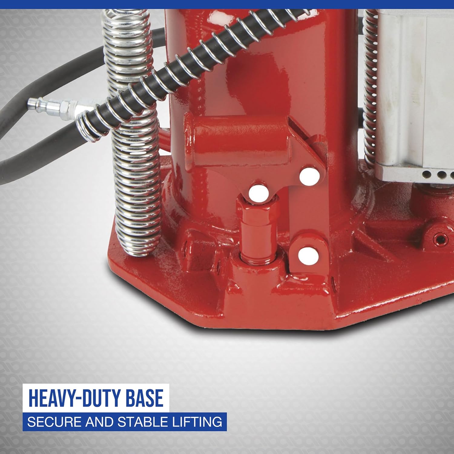 Close-up of the heavy-duty base of the Strongway 20-Ton Air/Hybrid Short Bottle Jack