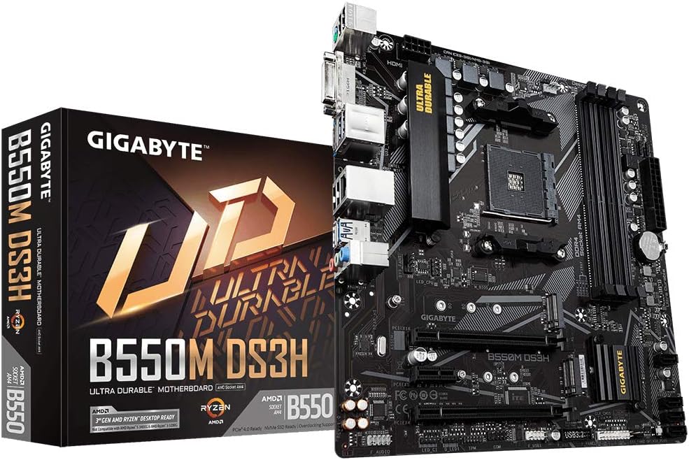 Gigabyte B550M DS3H Motherboard - Supports AMD Ryzen 5000 Series AM4 CPUs, 5+3 Phases Pure Digital VRM, up to 4733MHz DDR4 (OC), 2xPCIe 3.0 M.2, GbE LAN, USB 3.2 Gen1