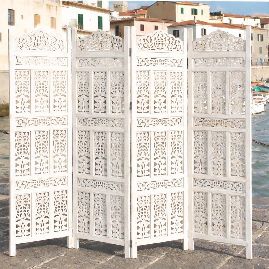 Foldable Wooden Room Divider Partition – Stylish Privacy Screen for Home, Office, Studio, Salon - Kangra Badrun, White (4 Panel)
