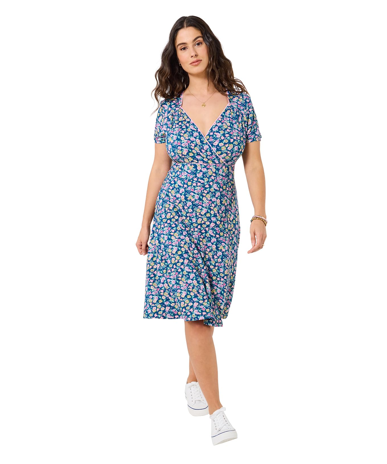 Joe Browns Women's Ditsy Print Mock Wrap Jersey Dress, Regular, Blue, UK 16