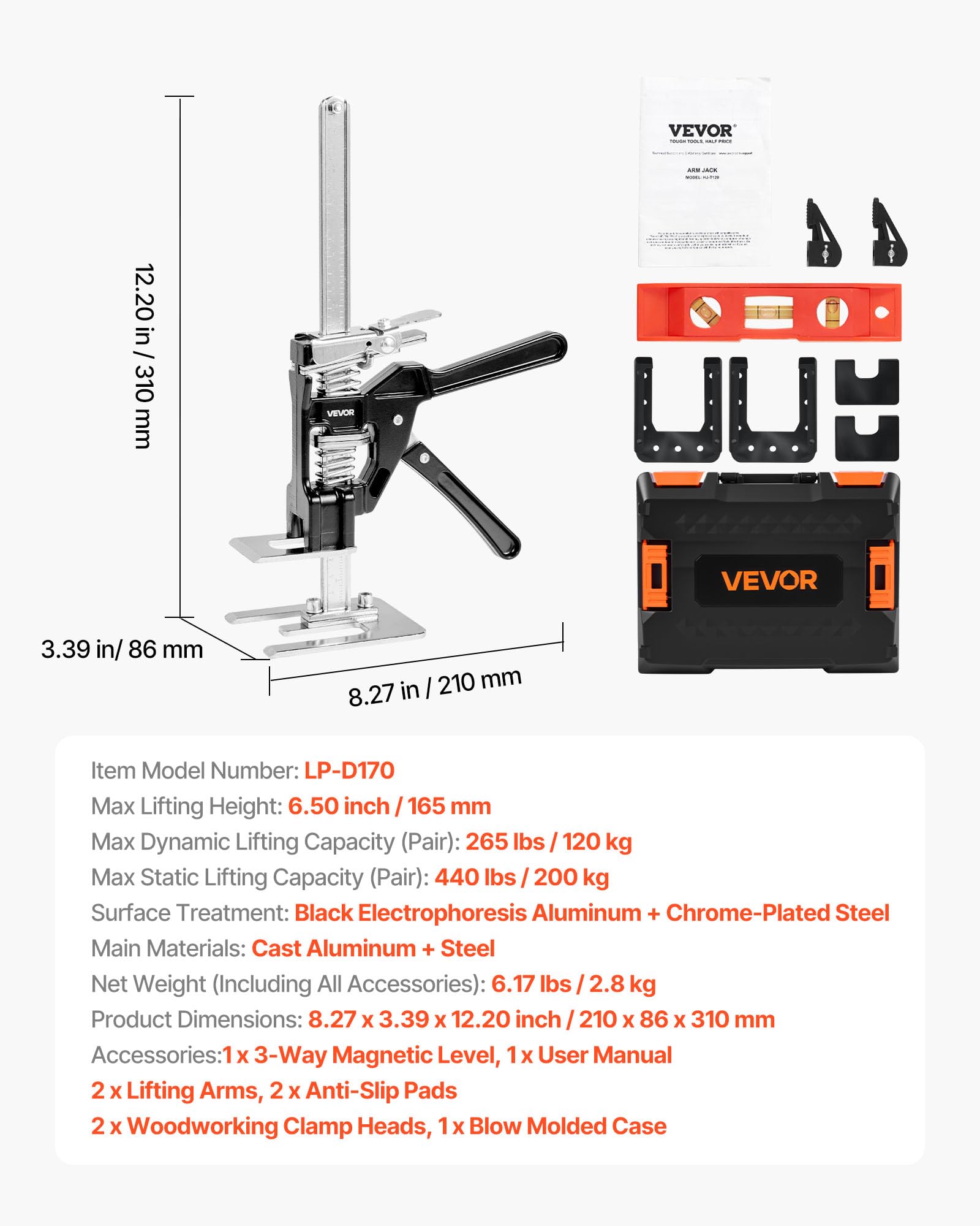 VEVOR Cric à Bras 2PCs, Lève Meubles Portes Plaques avec Capacité 120 kg, Outil de Levage Manuel jusqu'à 16,5 cm, avec Niveau Magnétique, 2 Modes de Réglage, pour Fenêtres, Installation, Noir