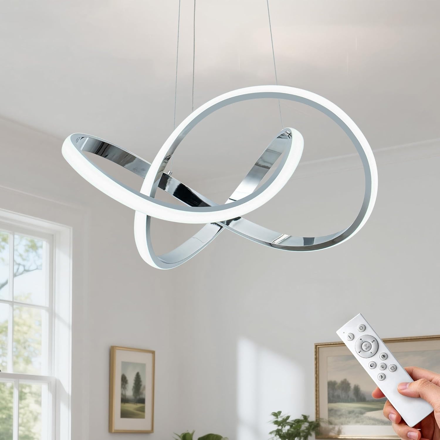 MAYNA Modern LED Chandelier for Dining Room, Dimmable LED Pendant Light with Remote, Irregular Infinity Light Fixture for Kitchen Island, 3 Color Changeable Chandelier, Chrome 19.7 inch