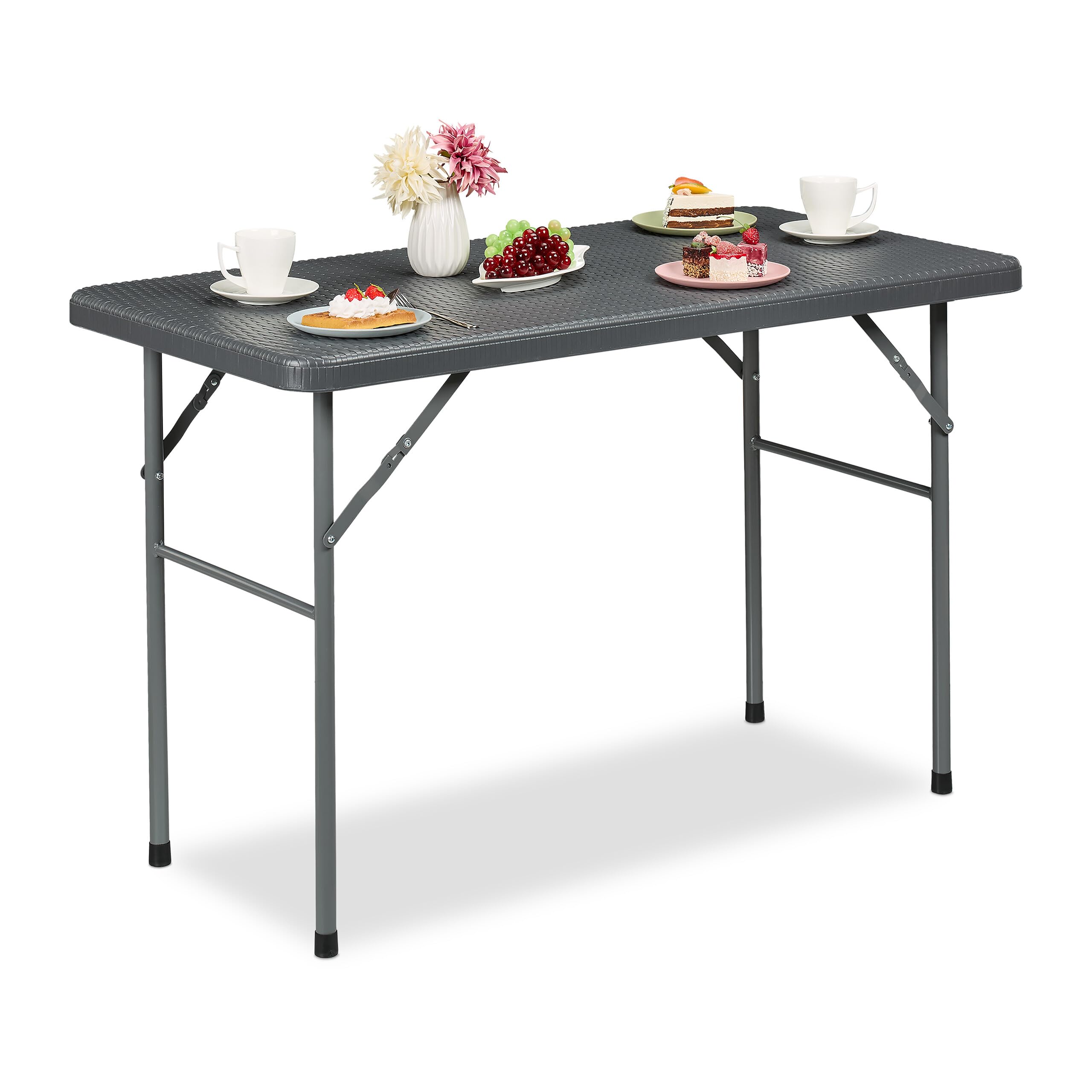 Relaxdays Tavolino Ripiegabile da Giardino, HLP 74 x 121,5 x 61 cm, Aspetto Rattan, Tavolo di Plastica e Metallo, Grigio