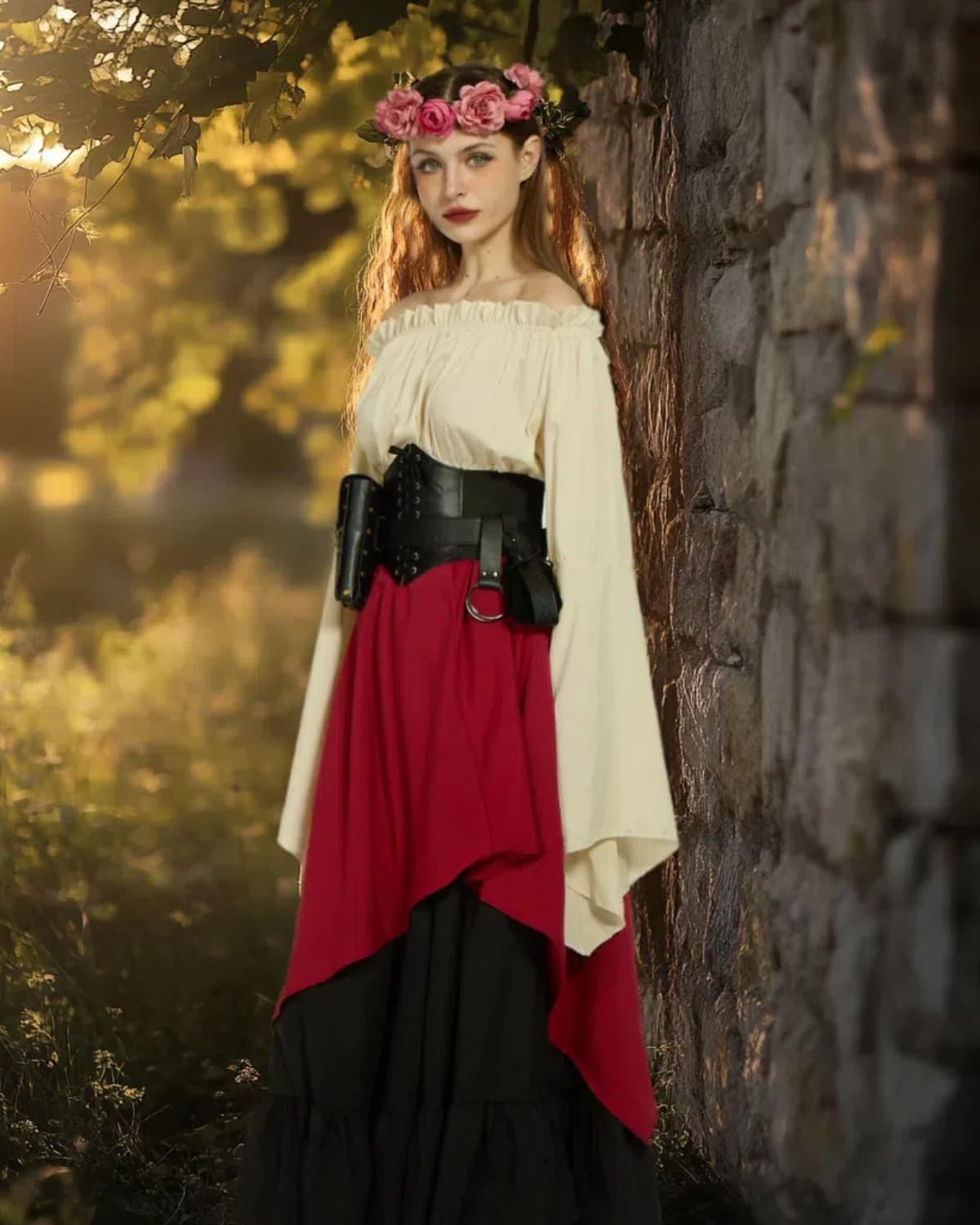 Renaissance Costume Women Ren Faire Outfit Medieval Skirt Dress with Corset Belt Pouch Coin Purse Skirt Hike 7PC - Image 3