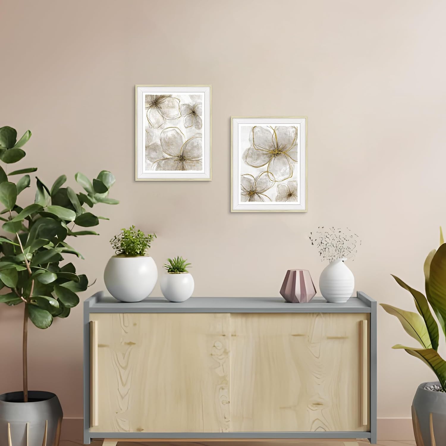 Bedroom Framed Flower Wall Art: Living Room Bathroom Floral Picture 2 Piece Modern Nature Botanical Gold Foil Print Artwork Small Vertical Vintage Blossom Painting for Home
