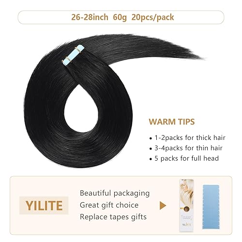 Miniatura 4 de YILITE Extensiones de cabello humano adhesivas de color negro azabache, 26 pulgadas, #1, 20 unidades de 2.41 onzas por paquete, extensiones de