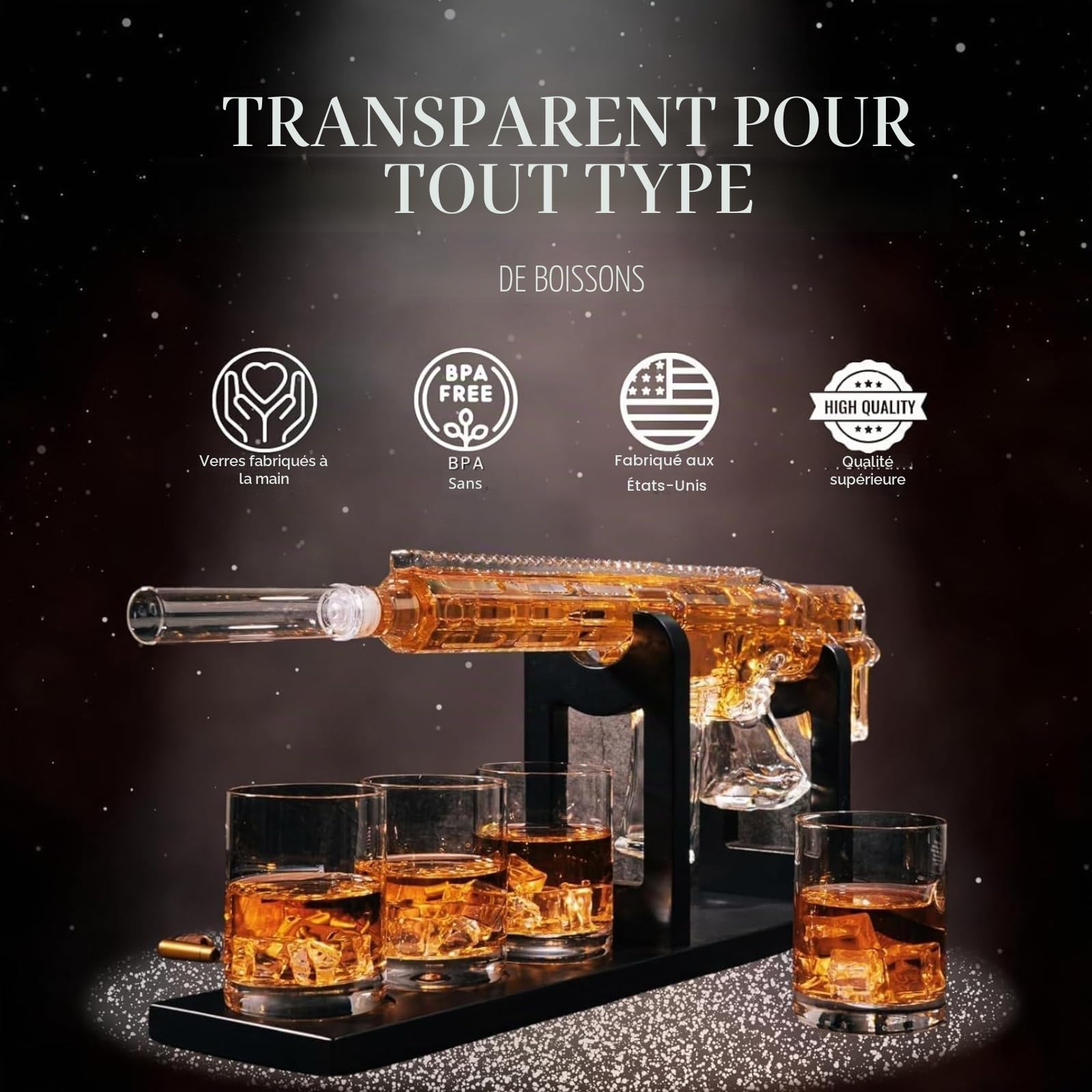 The Wine Savant Ensemble de carafe à whisky AR15 - Édition limitée, bouchon silencieux-800 ml et 4 verres à balles de 12 oz - Carafe à liqueur pour pistolet faite à la main, Tik Tok