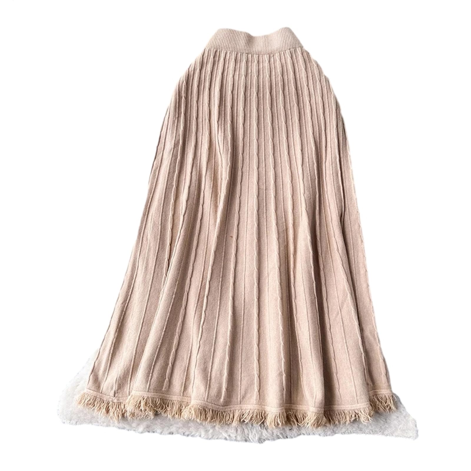 OLEETS Strickrock Für Damen - Quaste Saum Lange Stricken Rock Frauen Herbst Winter Dicke Warme A-Line Elastische Hohe Taille Vintage Elegante Kleidung Party Streetwear