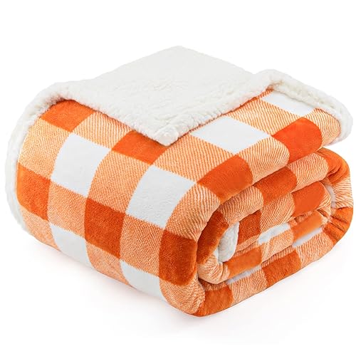 BEAUTEX Sherpa Fleece Fall Throw Blanket, Super Soft Warm Buffalo Plaid Plush Blankets and Throws, Lightweight Cozy Fuzzy Blanket Fall Decor for Couch Sofa Bed (Orange, Throw 50" x 60") - Orange - Throw-50"x60"